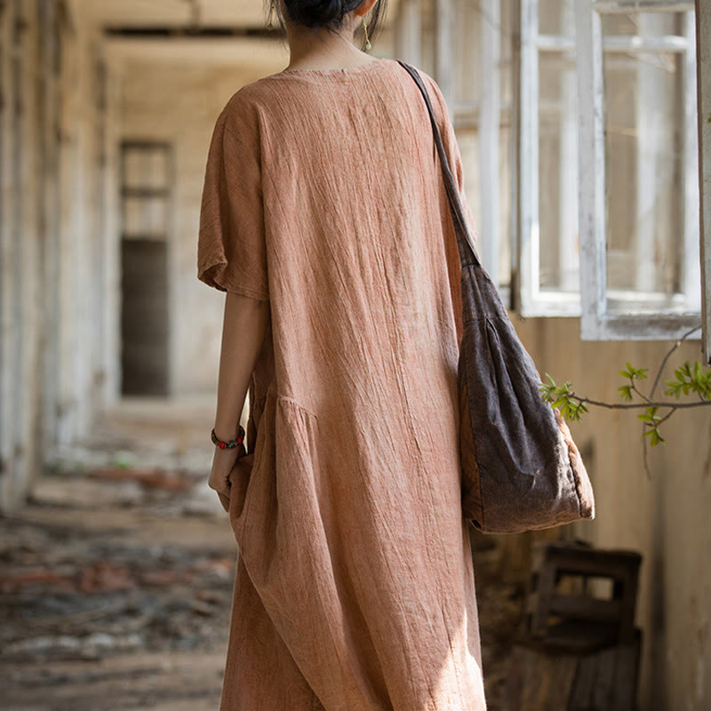 Nimara Ritual Handmade Tie Dye V-Neck Midi Dress Linen Short Sleeve Dress