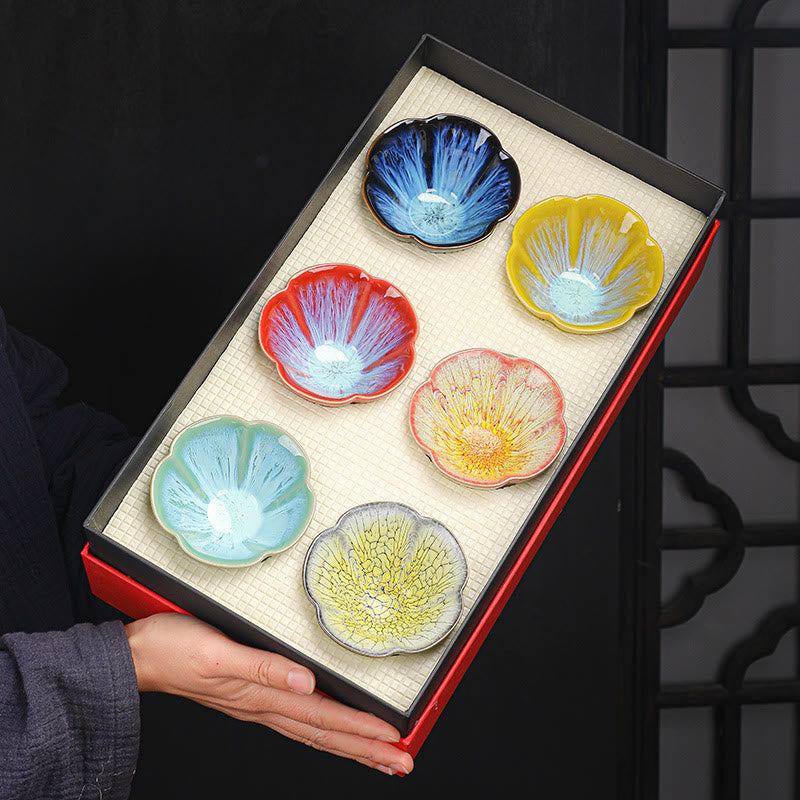 Nimara Ritual 6Pcs Plum Blossom Petal Pattern Chinese Jianzhan Kiln Change Ceramic Teacup Kung Fu Tea Cup Bowl With Gift Box