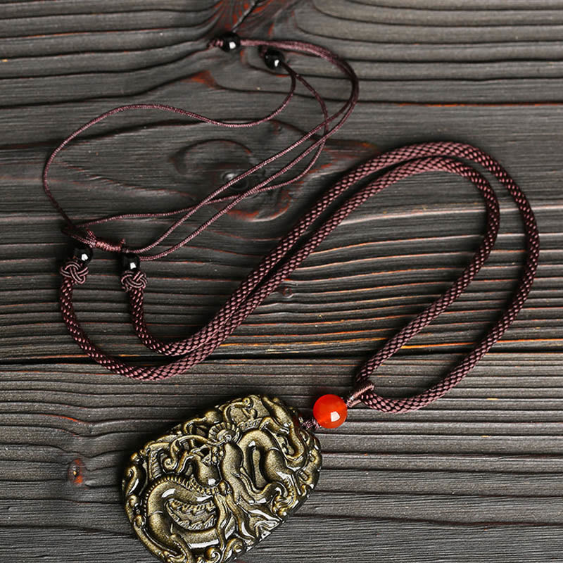 Nimara Ritual Gold Sheen Obsidian Dragon Pattern Success Necklace Pendant