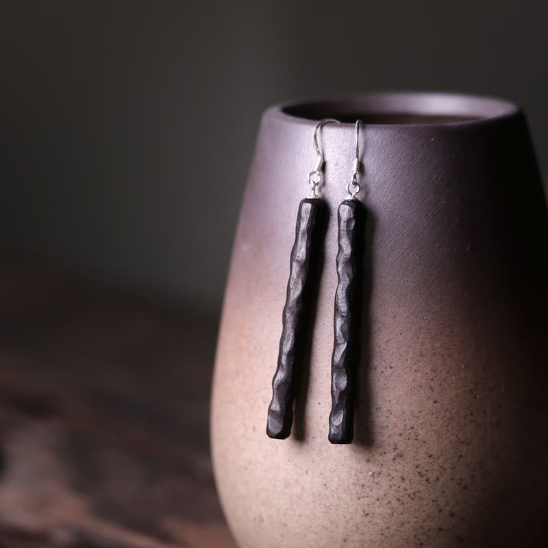 Nimara Ritual 925 Sterling Silver Ebony Wood Texture Balance Peace Drop Dangle Earrings