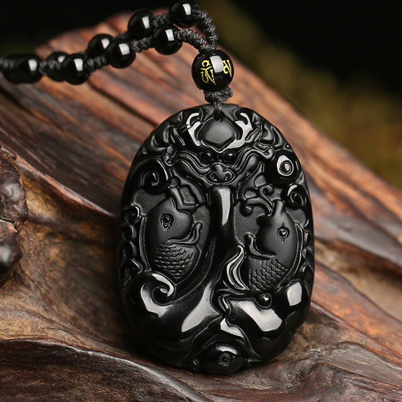 Nimara Ritual Black Obsidian Koi Fish Bead Rope Fulfilment Strength Necklace Pendant