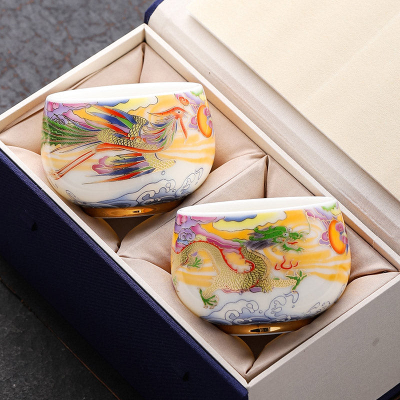 Nimara Ritual Dragon Phoenix Auspicious Clouds Sun Ocean Waves Ceramic Teacup Kung Fu Tea Cup