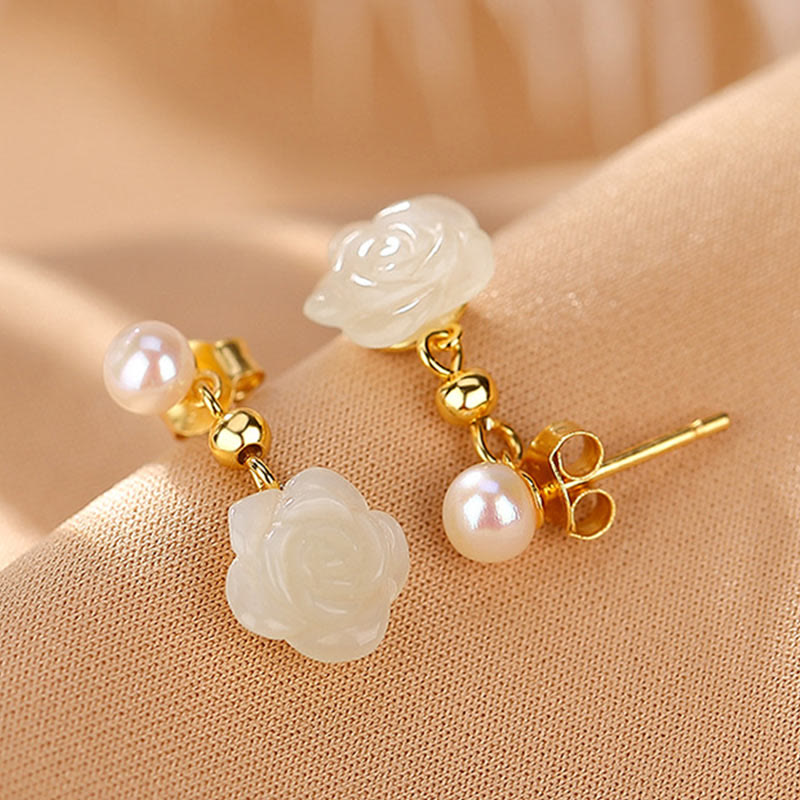 Nimara Ritual 925 Sterling Silver Plated Gold Jade Rose Flower Cyan Jade Pearl Luck Earrings