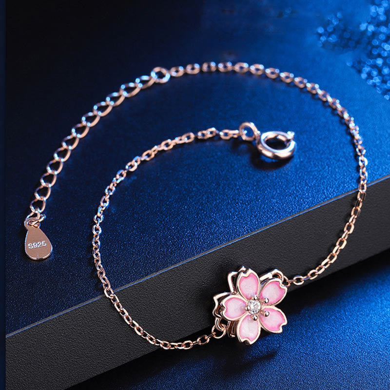 Nimara Ritual 925 Sterling Silver Cherry Blossom Blessing Chain Bracelet Rotatable Ring