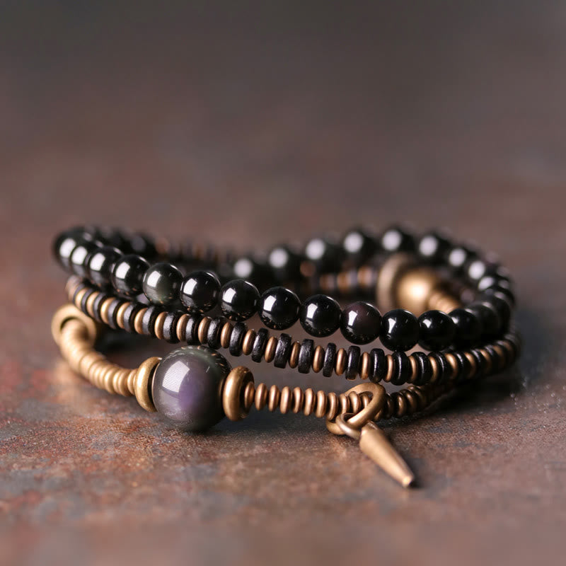 Nimara Ritual Rainbow Obsidian Ebony Wood Copper Healing Triple Wrap Bracelet
