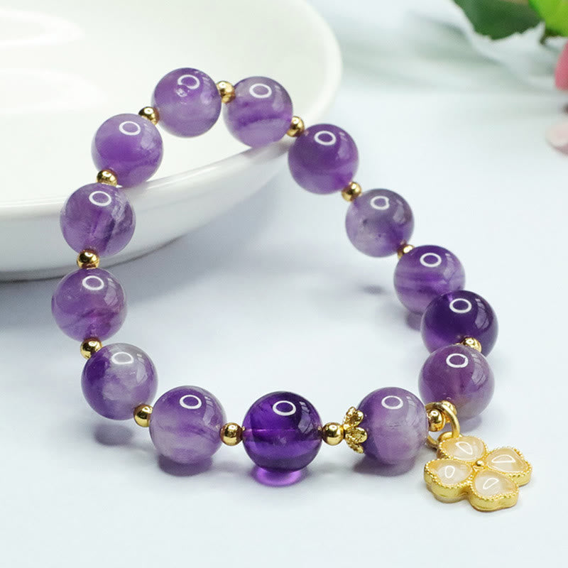 Nimara Ritual Natural Amethyst Crystal Inner Peace Four Leaf Clover Charm Bracelet