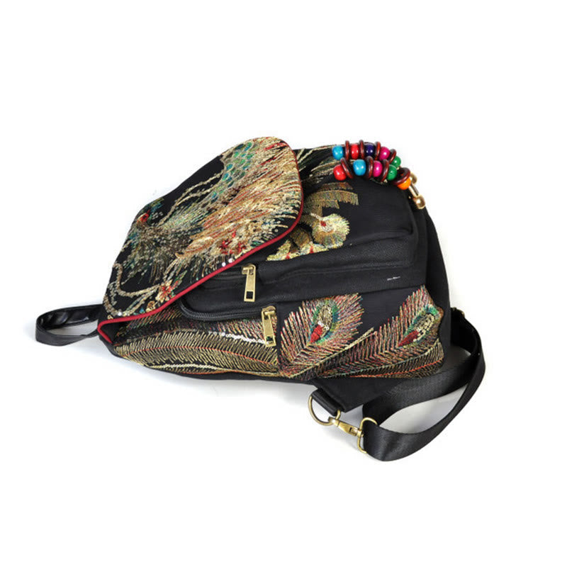 Nimara Ritual Peacock Embroidery Canvas Tassel Backpack