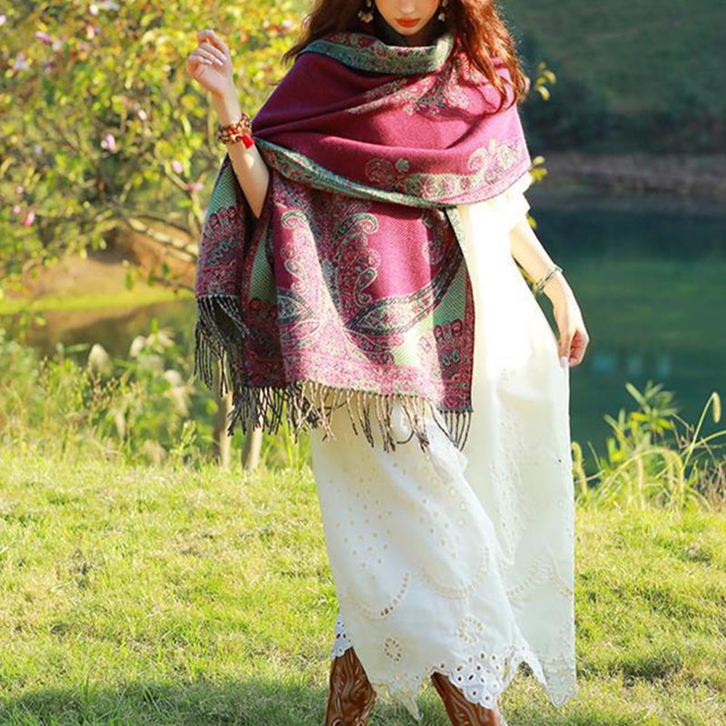Nimara Ritual Tibetan Vine Leaves Pattern Design Shawl Cozy Travel Scarf Wrap