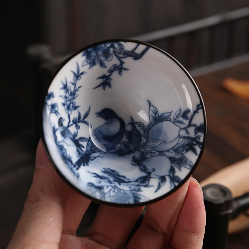 Nimara Ritual Flowers Fu Character Mountains Lotus Cherry Blossoms Ceramic Teacup Kung Fu Tea Cup