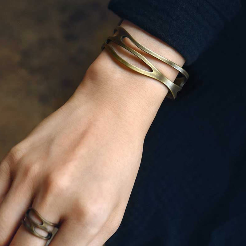 Nimara Ritual Vintage Curved Copper Brass Wealth Adjustable Cuff Bracelet Bangle