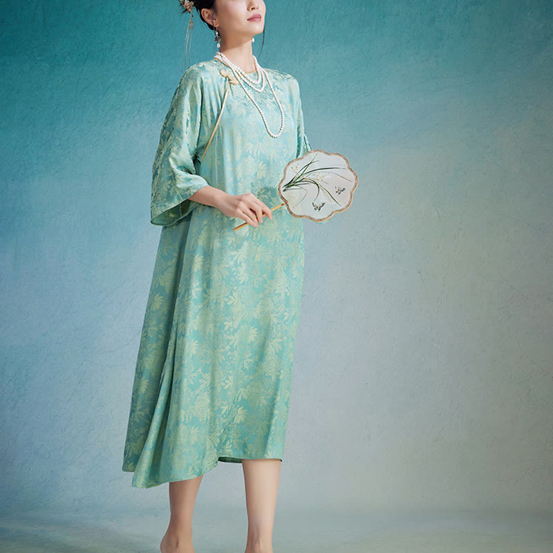 Nimara Ritual Small Flower Leaf Jacquard Chinese Cheongsam Qipao Midi Dress With Pockets