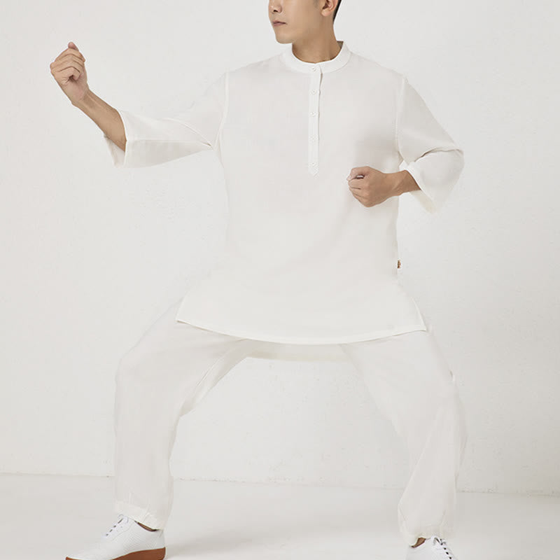 Nimara Ritual 2Pcs Buttons Men's Three Quarter Sleeve Shirt Top Pants Meditation Zen Tai Chi Cotton Linen Clothing Set