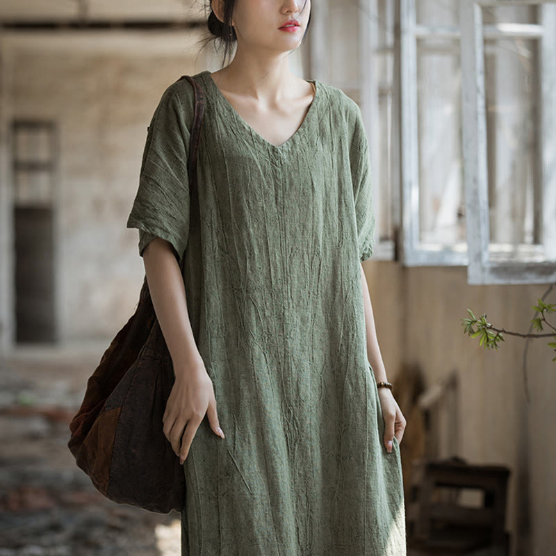 Nimara Ritual Handmade Tie Dye V-Neck Midi Dress Linen Short Sleeve Dress