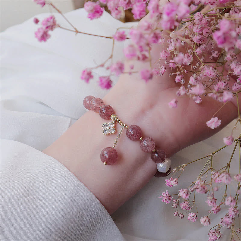 Nimara Ritual Natural Strawberry Quartz Pearl Four Leaf Clover Love Bracelet