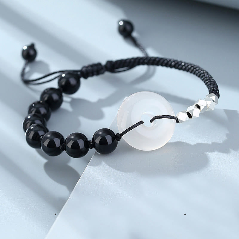 Nimara Ritual 925 Sterling Silver Black Obsidian Agate Peace Buckle Strength Bracelet