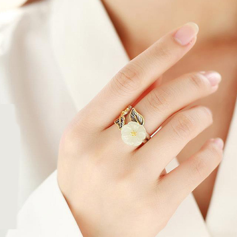 Nimara Ritual 925 Silver Plated Copper White Jade Plum Flower Leaf Luck Ring