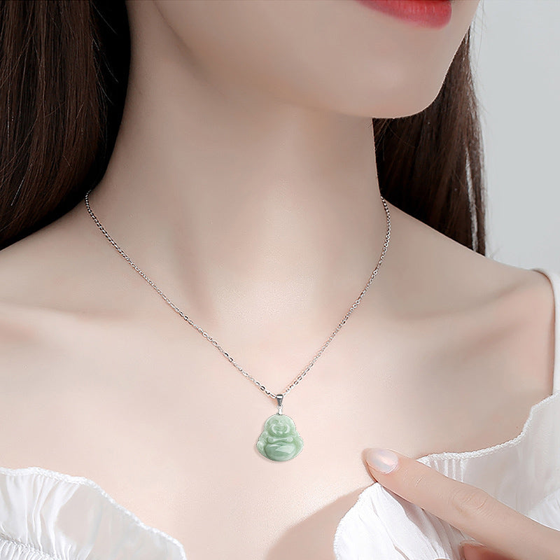 Nimara Ritual Laughing Buddha Jade Blessing Titanium Steel Chain Necklace Pendant