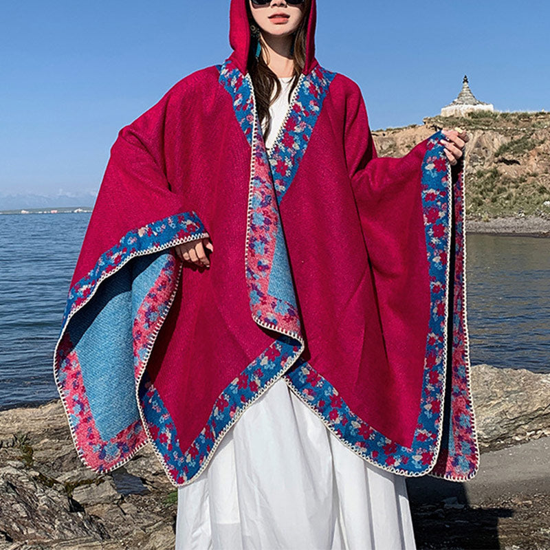 Nimara Ritual Tibetan Shawl Border Small Floral Flower Hooded Cloak Winter Cozy Travel Scarf Wrap