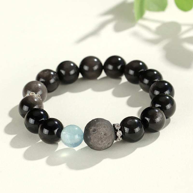 Nimara Ritual Natural Silver Sheen Obsidian Cat Head Fox Planet Protection Bracelet