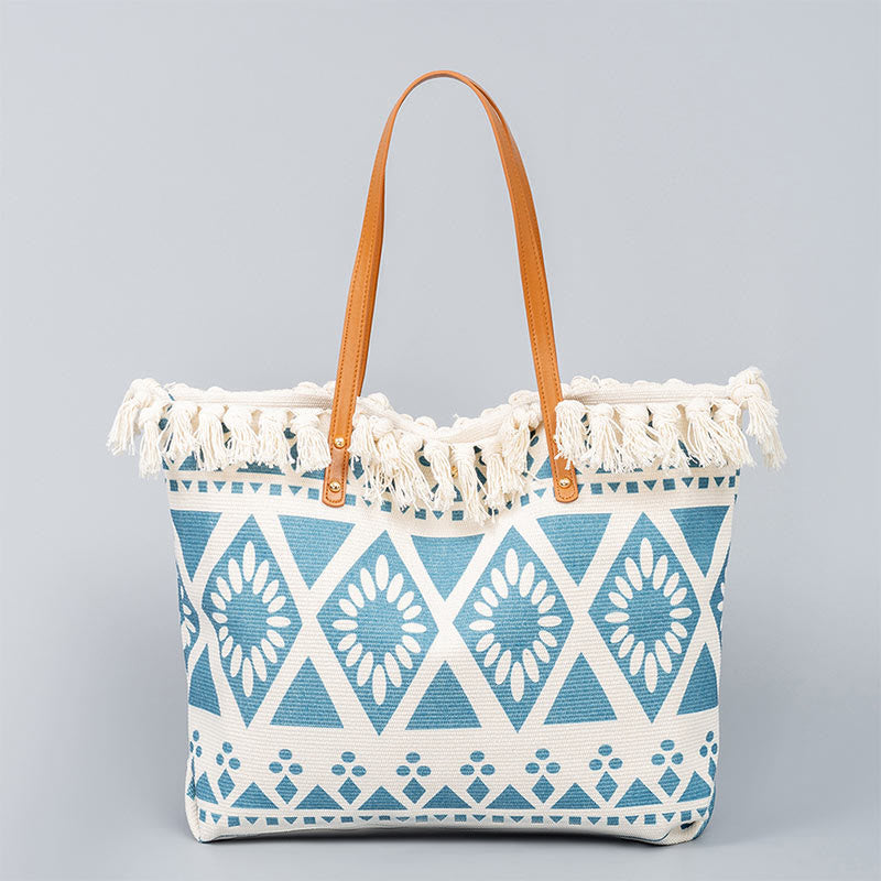 Nimara Ritual Large Capacity Boho Geometry Print Tassel Canvas Tote Shoulder Bag