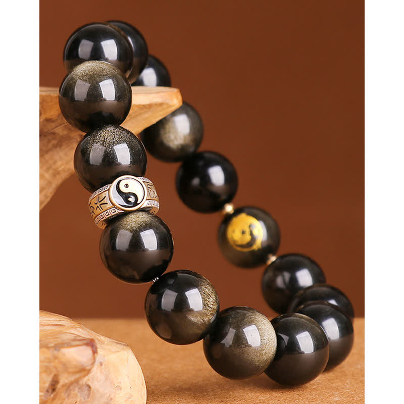 Nimara Ritual 925 Sterling Silver Black Obsidian Gold Sheen Obsidian Silver Sheen Obsidian Yin Yang Protection Bracelet