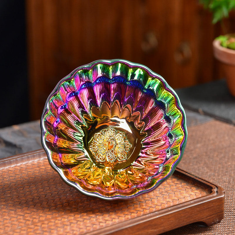 Nimara Ritual Lotus Peacock Inlaid Multicolored Chinese Jianzhan Ceramic Teacup Kung Fu Tea Cup