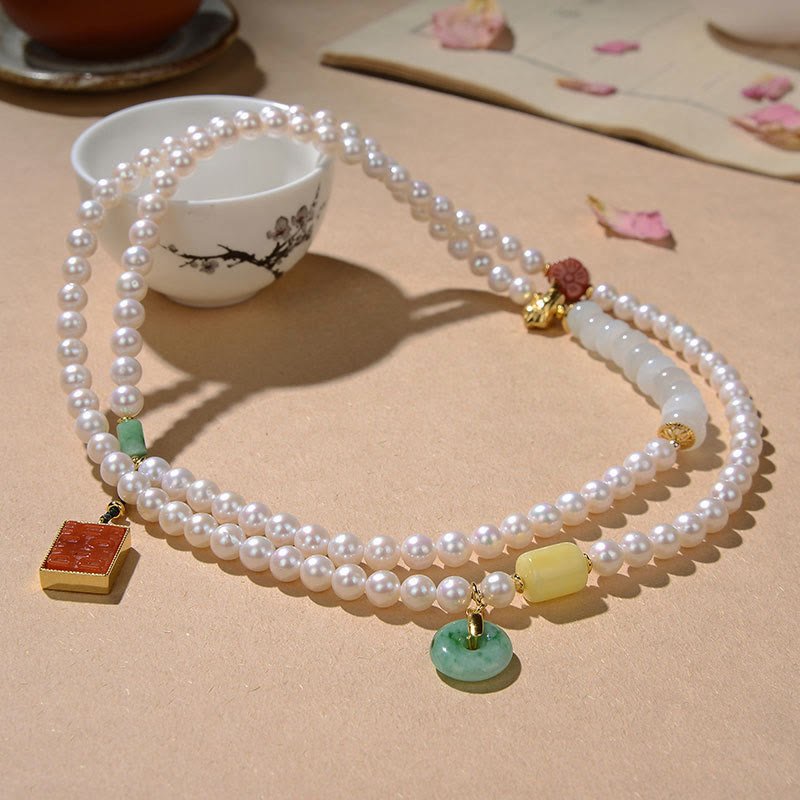 Nimara Ritual 925 Sterling Silver Pearl Hetian Jade Red Agate Double Happiness Amber Luck Quadruple Wrap Bracelet