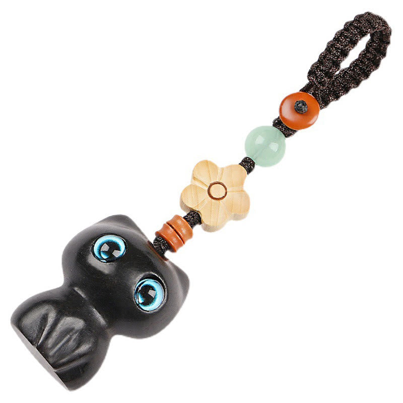Nimara Ritual Mini Small Leaf Red Sandalwood Ebony Wood Lucky Cat Lovely Kitty Peace Key Chain Phone Hanging Decoration