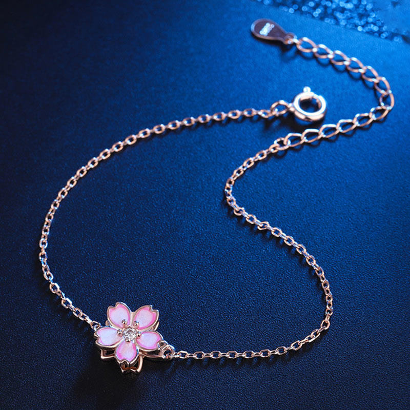 Nimara Ritual 925 Sterling Silver Cherry Blossom Blessing Chain Bracelet Rotatable Ring