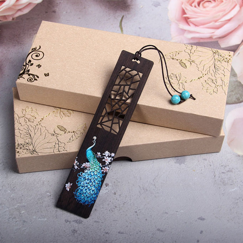 Nimara Ritual Blue Peacock Ebony Wood Bookmarks With Gift Box