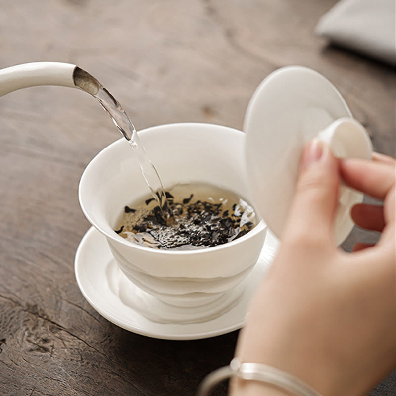 Nimara Ritual Vintage Ink Painting Mountain White Porcelain Ceramic Gaiwan Sancai Teacup Kung Fu Tea Cup And Saucer With Lid Tea Utensil Teapot