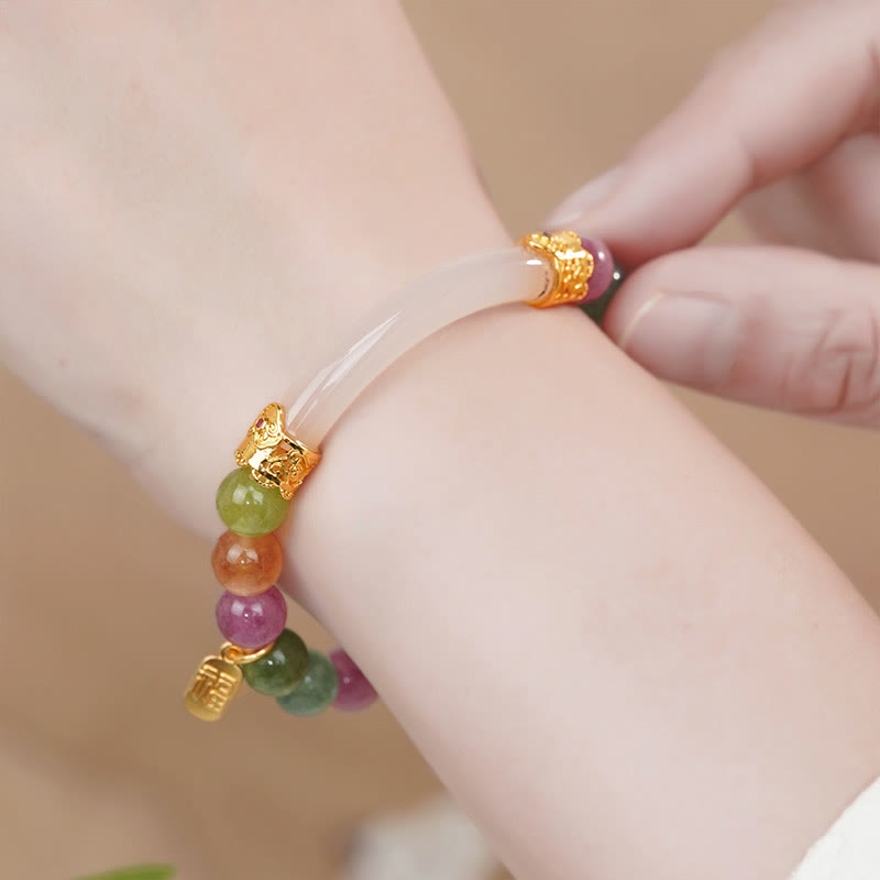 Nimara Ritual Colorful Tourmaline Chalcedony Positive Fu Character Charm Bracelet