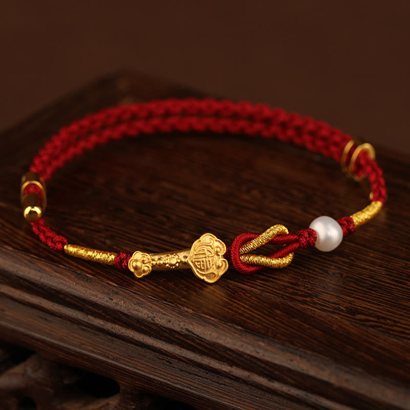 Nimara Ritual 24K Gold Wish Ruyi Handle Fu Character Rabbit Pearl Luck Braided Bracelet