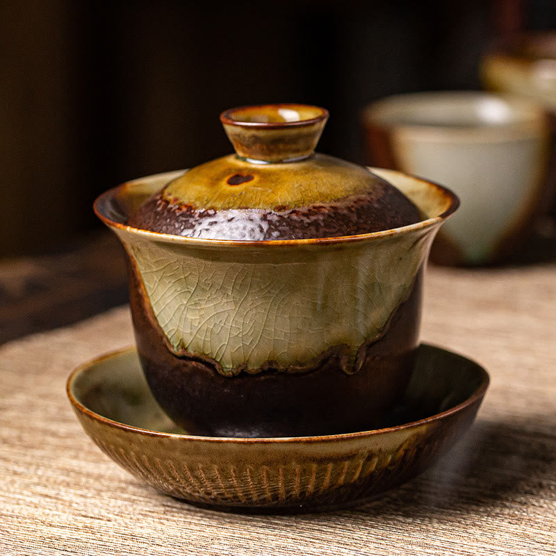 Nimara Ritual Vintage Brown Kiln Change Design Porcelain Ceramic Gaiwan Sancai Teacup Kung Fu Tea Cup And Saucer With Lid