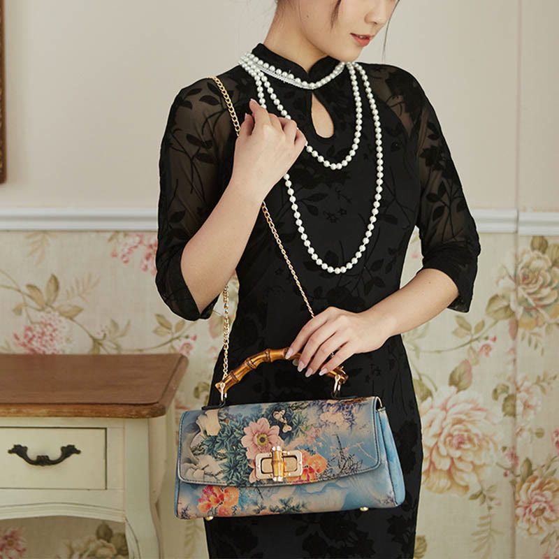 Nimara Ritual Flower Pattern Bamboo Handle Metal Chain Crossbody Bag Handbags