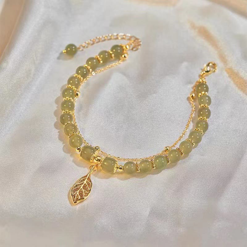 Nimara Ritual Jade Leaf Ginkgo Tulip Peanut Fu Character Luck Beaded Bracelet