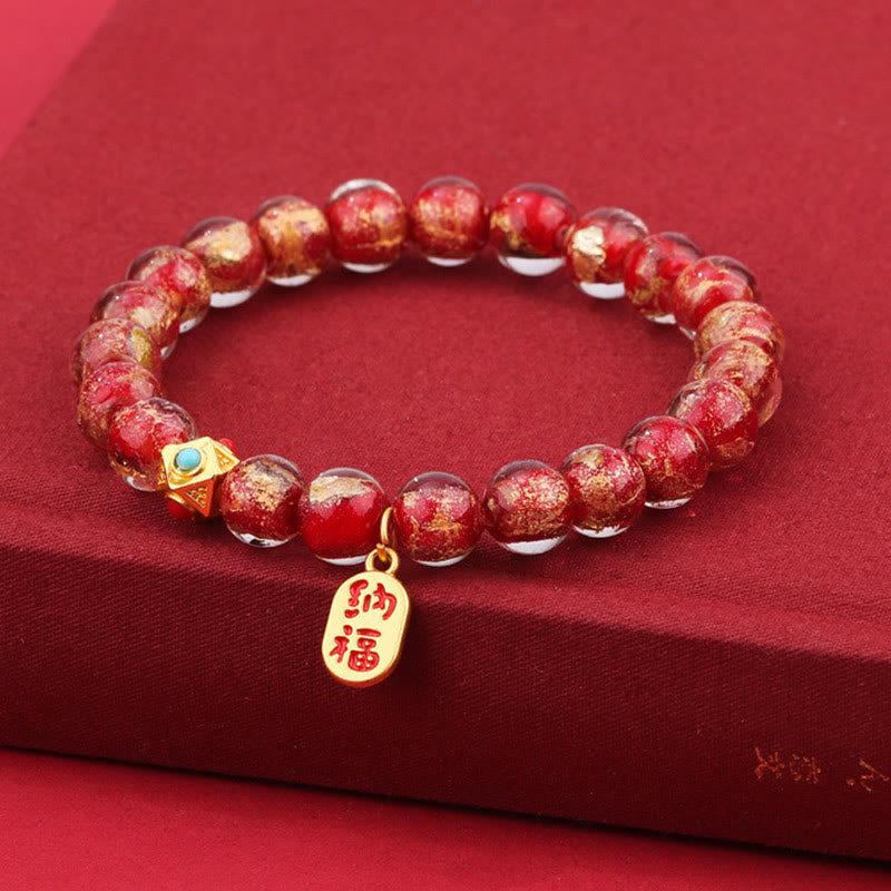 Nimara Ritual Tibetan Incense Ash Liuli Glass Bead Lucky Fortune Fu Character Charm Bracelet