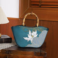 Nimara Ritual Lotus Embroidery Bamboo Handle Handbag