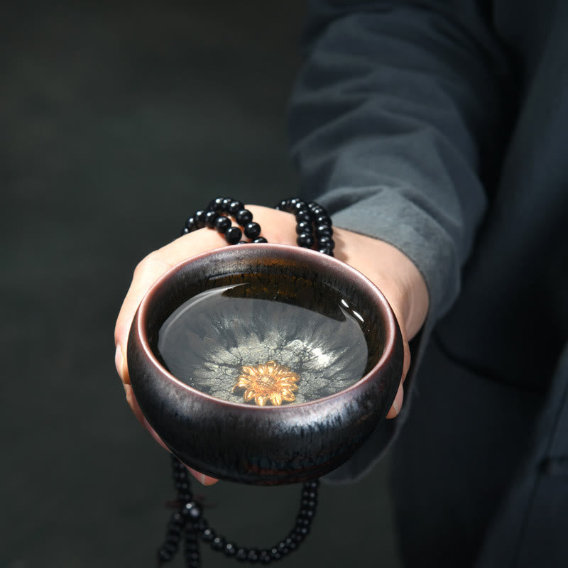 Nimara Ritual 24K Gold Inlaid Sunflower Chinese Jianzhan Glaze Kiln Change Ceramic Teacup Tenmoku Kung Fu Tea Cup