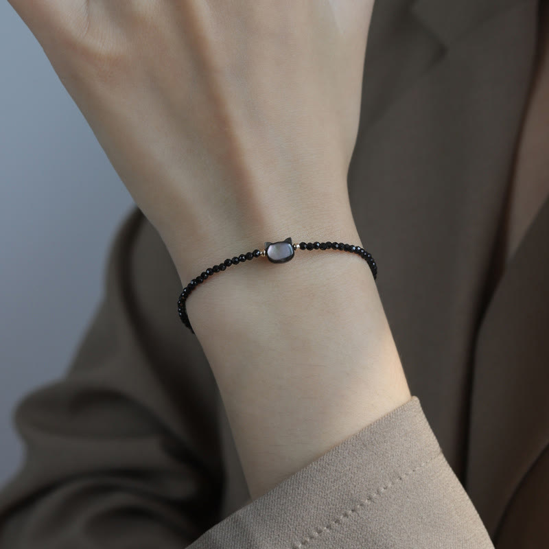 Nimara Ritual 14K Gold Plated Black Spinel White Crystal Cute Cat Tridacna Stone Healing Bracelet