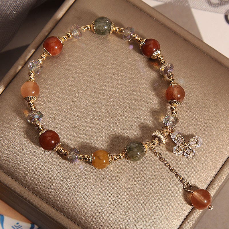 Nimara Ritual Natural Fu Lu Shou Rainbow Crystal Rutilated Quartz Wealth Butterfly Charm Bracelet