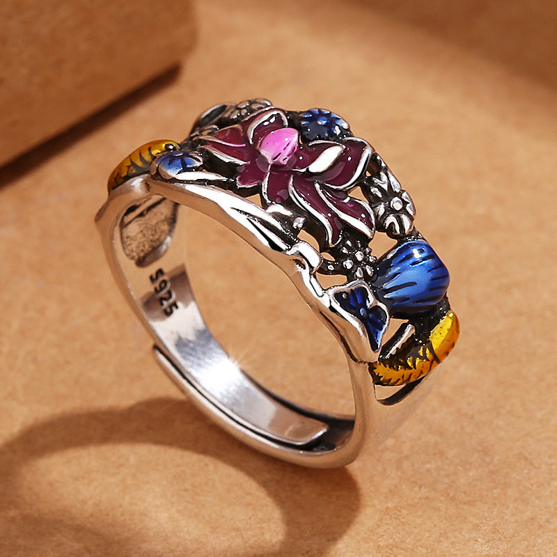 Nimara Ritual Koi Fish Lotus Flower Leaf Design Luck Wealth Ring