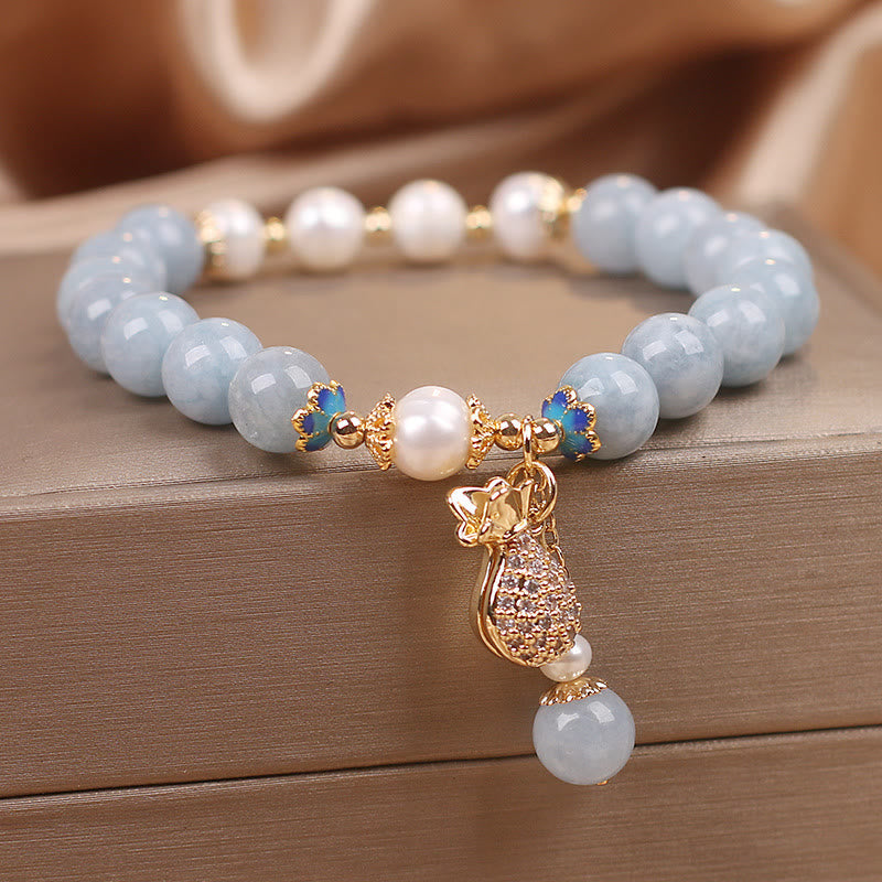Nimara Ritual Aquamarine Pearl Fortune Money Bag Charm Bracelet