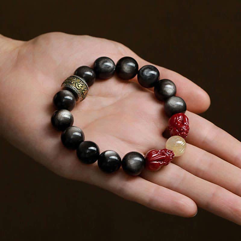 Nimara Ritual Gold Sheen Obsidian PiXiu Cinnabar Om Mani Padme Hum Protection Bracelet