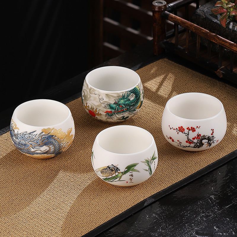 Nimara Ritual Dragon Cicada Bamboo Deer Crane Lotus Plum Flower Ceramic Teacup Kung Fu Tea Cup Bowl 185ml