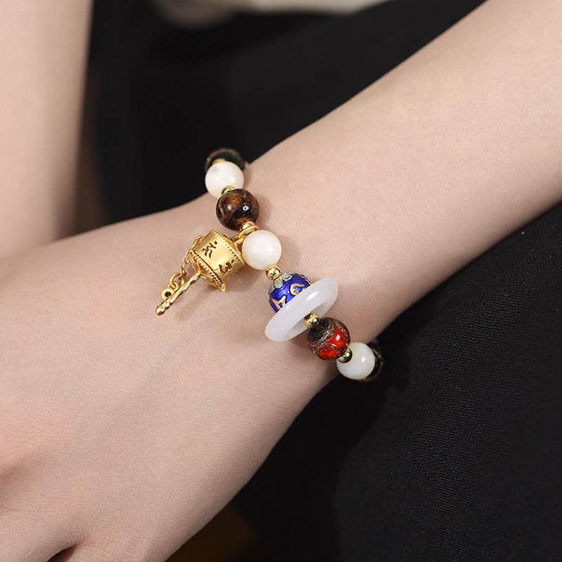 Nimara Ritual Tibetan Incense Ash Liuli Glass Tridacna Stone Sun Stone Om Mani Padme Hum Prayer Wheel Charm Bracelet