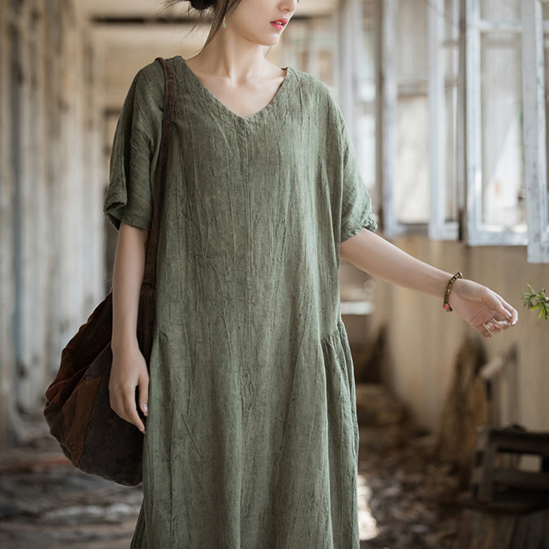 Nimara Ritual Handmade Tie Dye V-Neck Midi Dress Linen Short Sleeve Dress