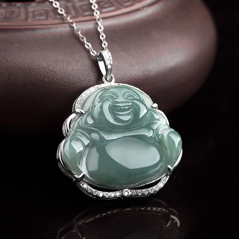 Nimara Ritual Laughing Buddha Natural Jade Luck Necklace Titanium Steel Chain Pendant