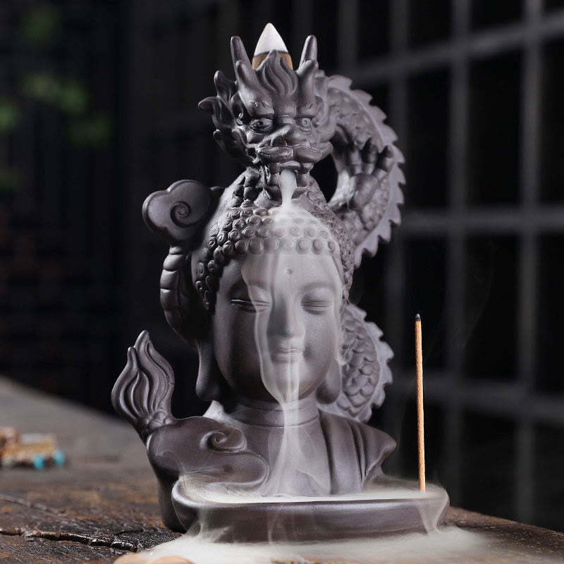 Nimara Ritual Dragon Buddha Auspicious Clouds Purple Clay Healing Incense Burner Decoration