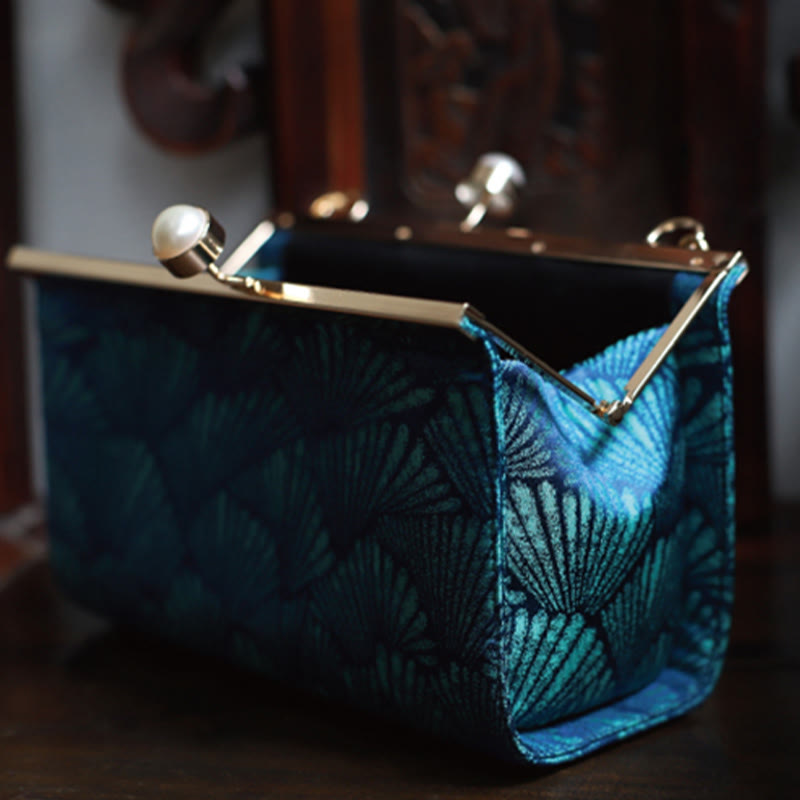 Nimara Ritual Vintage Peacock Blue Leaf Pattern Pearl Metal Handbag